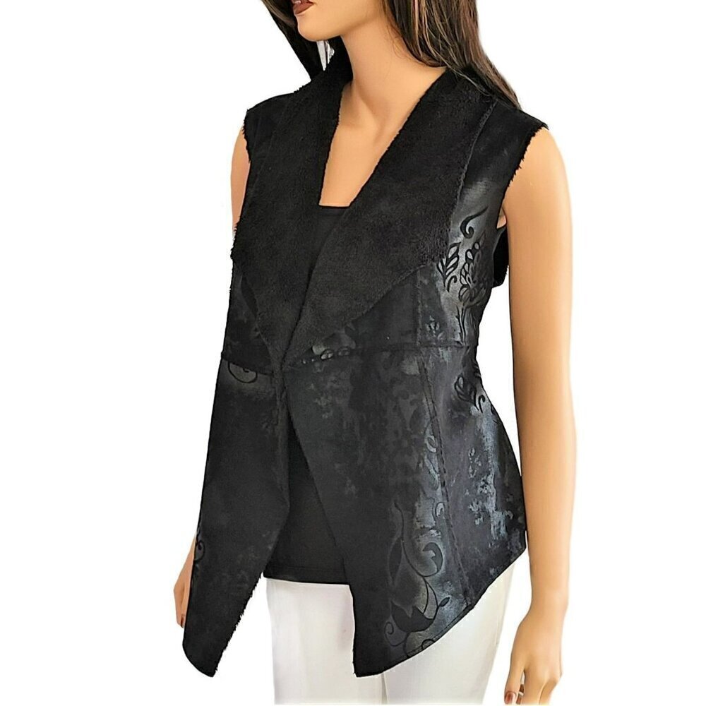New! Dylan Floral Print Vintage Look Faux Suede Fur Lined Boho Vest -NWT- Large